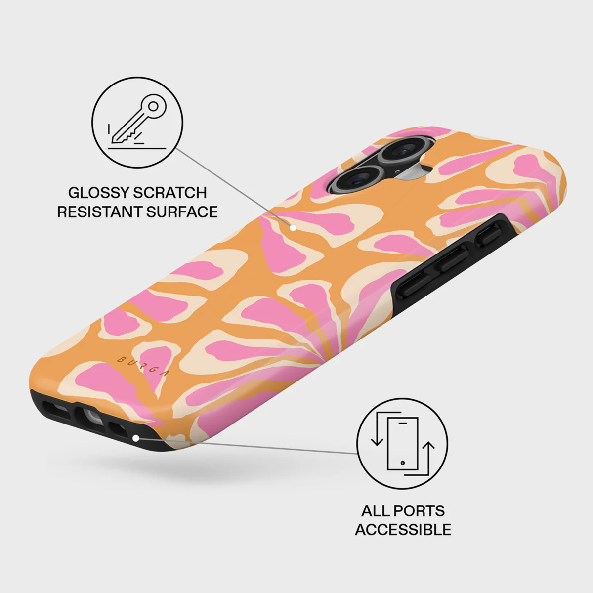 Een telefoonhoesje met een oranje en roze bloemenpatroon. Krasbestendigheid en toegankelijke poorten worden benadrukt.