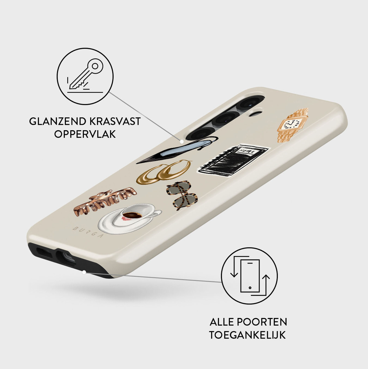 Een telefoonhoesje met illustraties: sleutel, oorbellen, zonnebril, horloge, notitieboek, koffiekopje en haarclip.