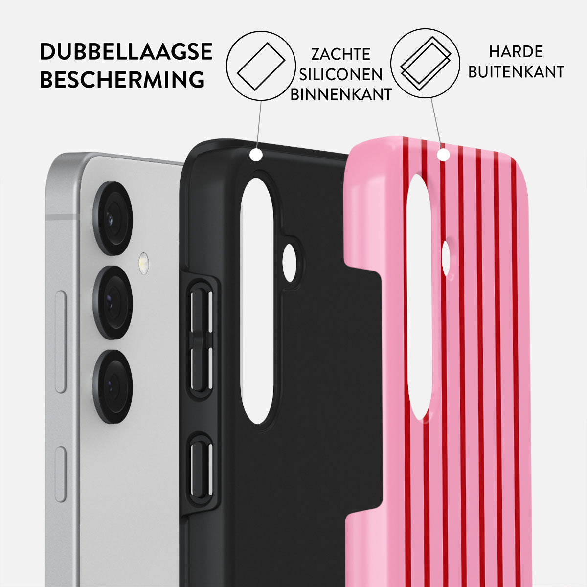 Een telefoonhoesje met lagen. Het heeft een zachte siliconen binnenlaag en een harde buitenlaag voor dubbele bescherming. De hoes is zwart en roze.