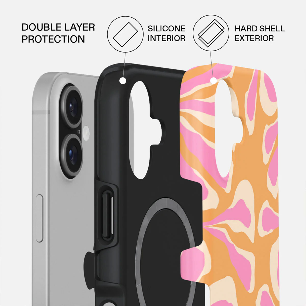 Telefooncase-componenten. Een telefoon en drie lagen: dubbele laag, siliconen binnenkant en harde buitenkant. De case heeft een bloemenpatroon.