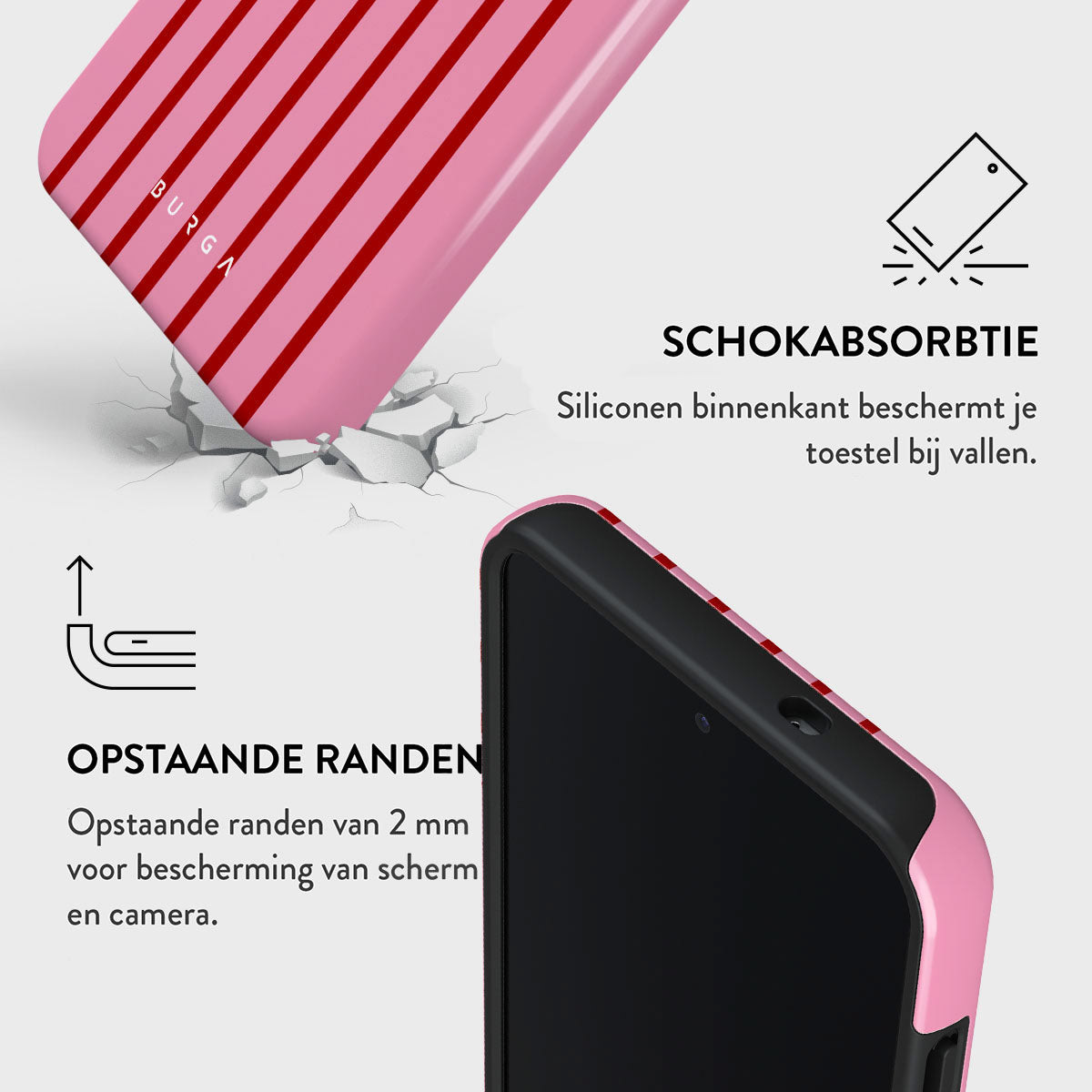 Roze telefoonhoesje met rode strepen, tekst over schokabsorptie en verhoogde randen voor scherm- en camerabescherming.
