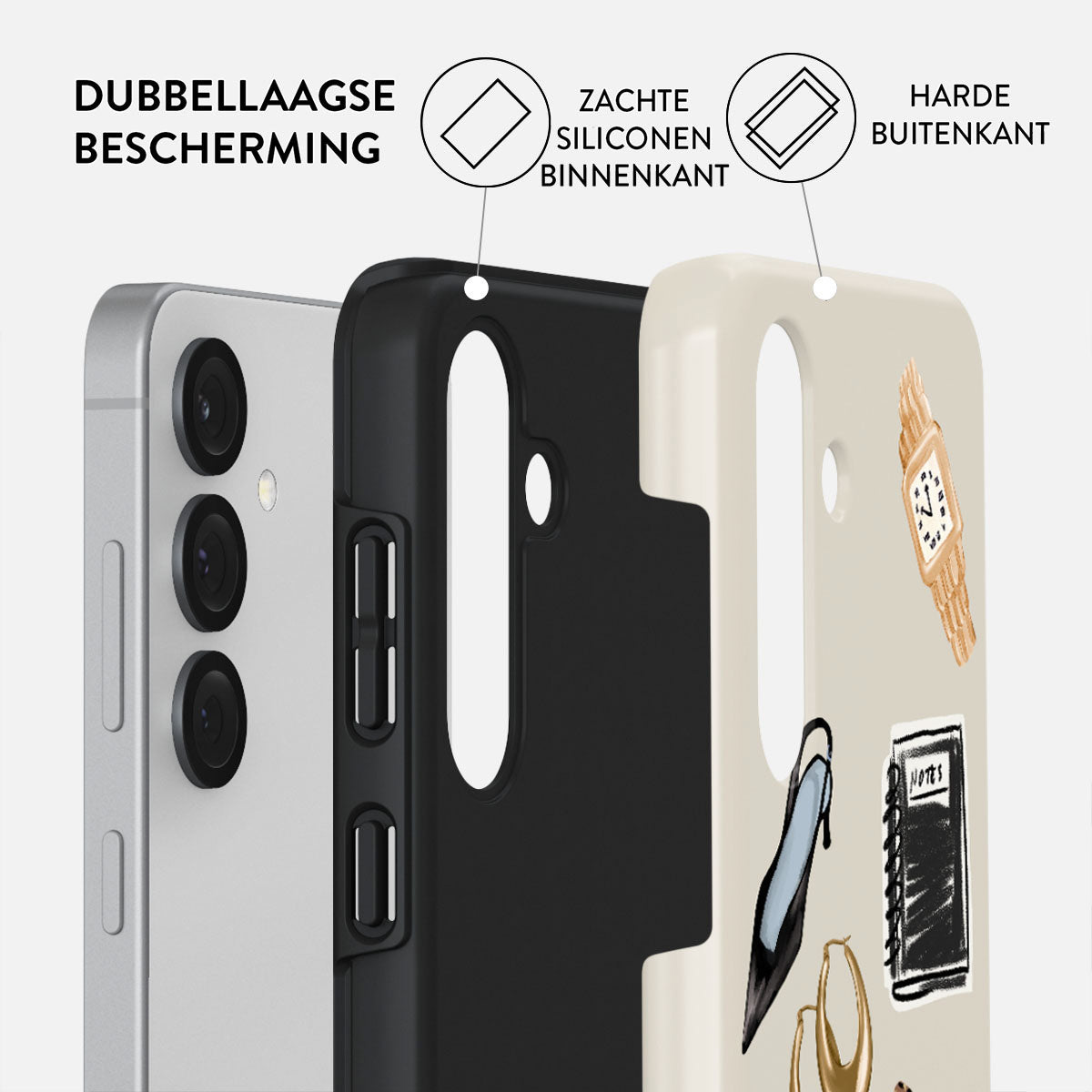 Telefoonhoesje met gelaagde bescherming, zwart interieur, beige exterieur met illustraties van horloge, schoen, oorbellen en notities.