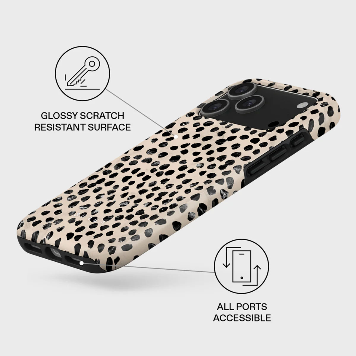 Telefoonhoesje met zwarte stippen op beige achtergrond. Eigenschappen: glanzend, krasbestendig oppervlak en toegankelijke poorten.
