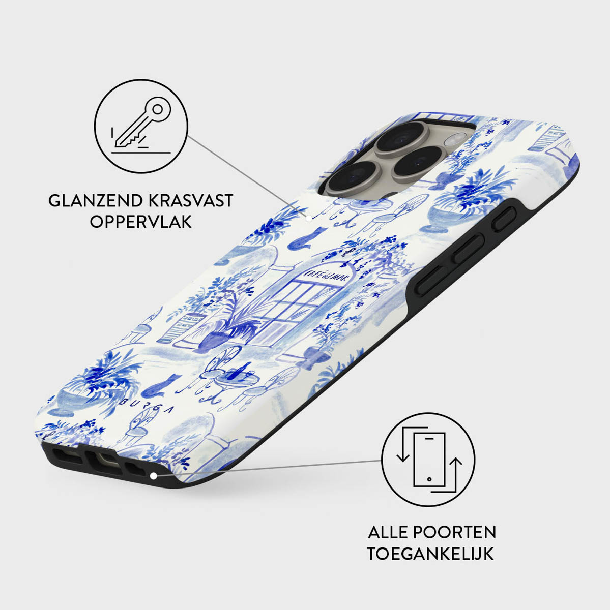 Telefoonhoesje met een blauw-wit bloemenpatroon. Bovenin staat 'GLANZEND KRASVAST OPPERVLAK'. Onderaan staat 'ALLE POORTEN TOEGANKELIJK'.