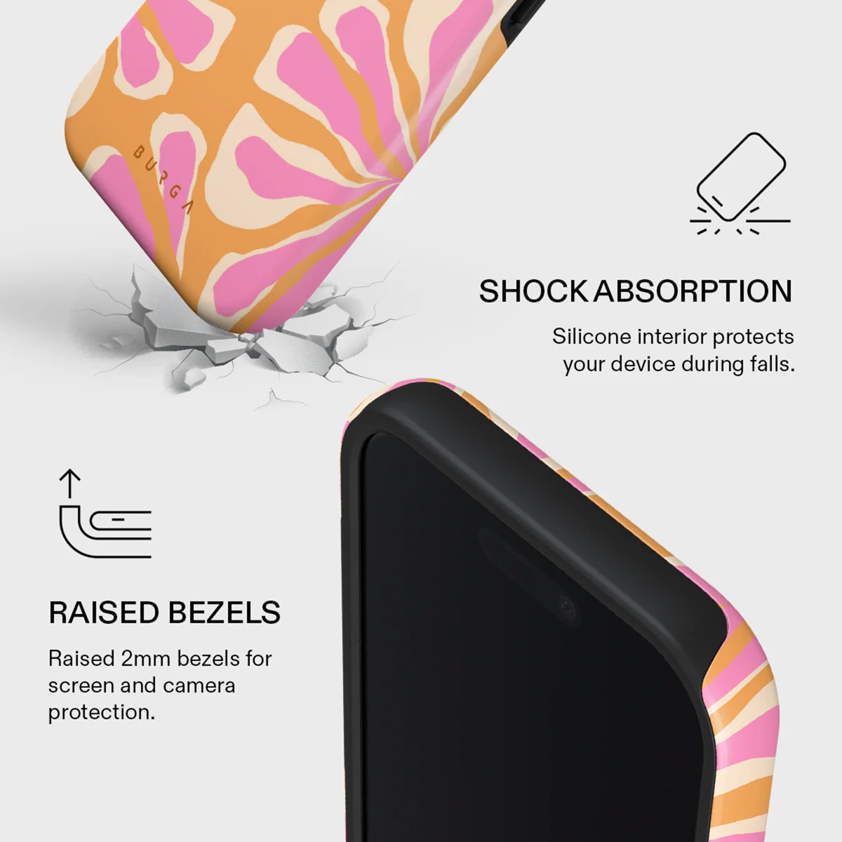 Telefoonhoesje met roze, oranje en beige abstract ontwerp. Beschikt over verhoogde randen en schokabsorptie. De hoes lijkt te vallen.