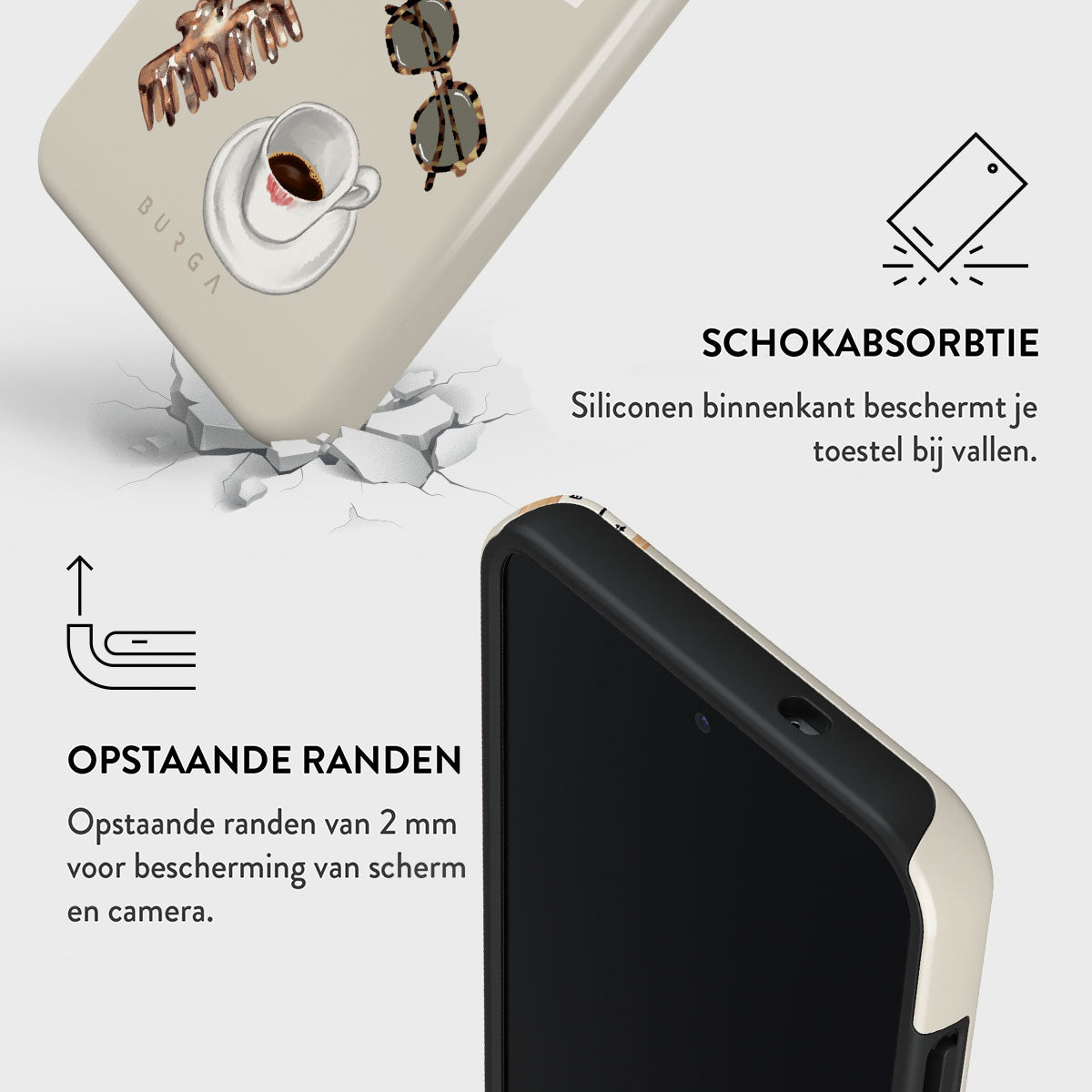 Een telefoonhoesje met een ontwerp van een koffiekopje, zonnebril en haarclip. Toont tekst over schokabsorptie en verhoogde randen.