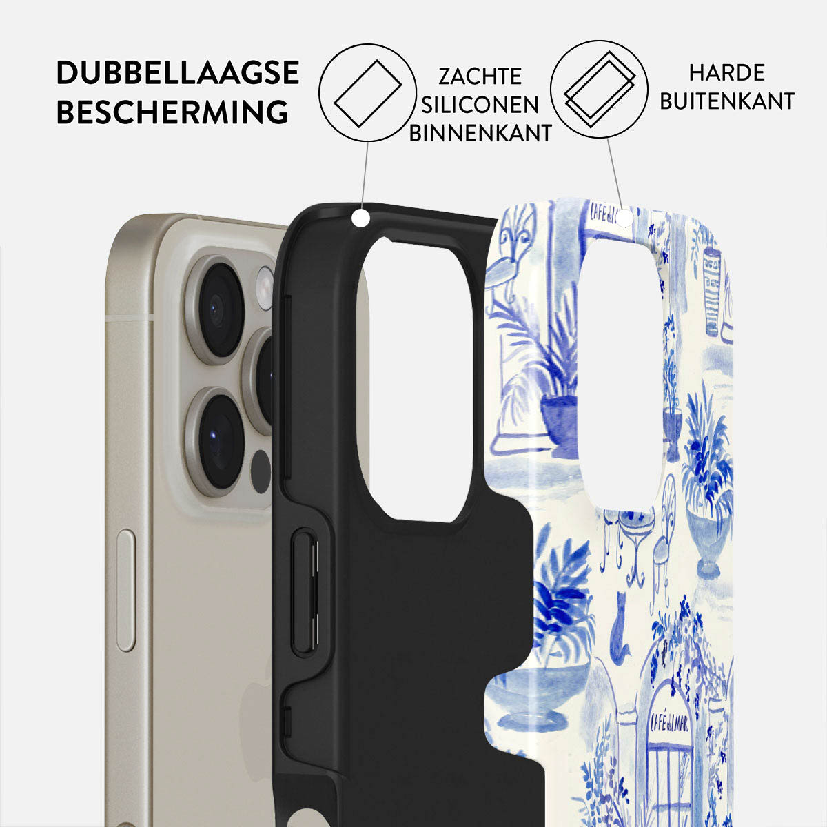 Telefoonhoesje met een blauw en wit bloemenontwerp. Het heeft een harde buitenkant en een zachte siliconen binnenlaag. Telefoon zichtbaar.