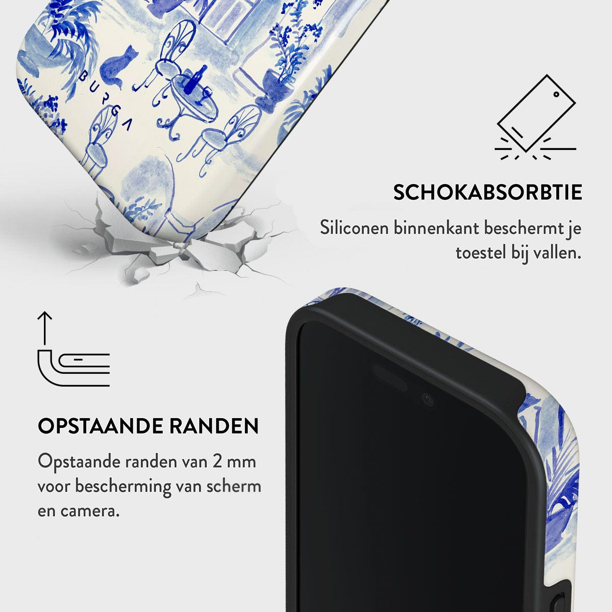 Telefoonhoesdetail met blauw bloemenontwerp, een telefoon en tekst: schokabsorptie en verhoogde randen voor scherm- en camerabescherming.