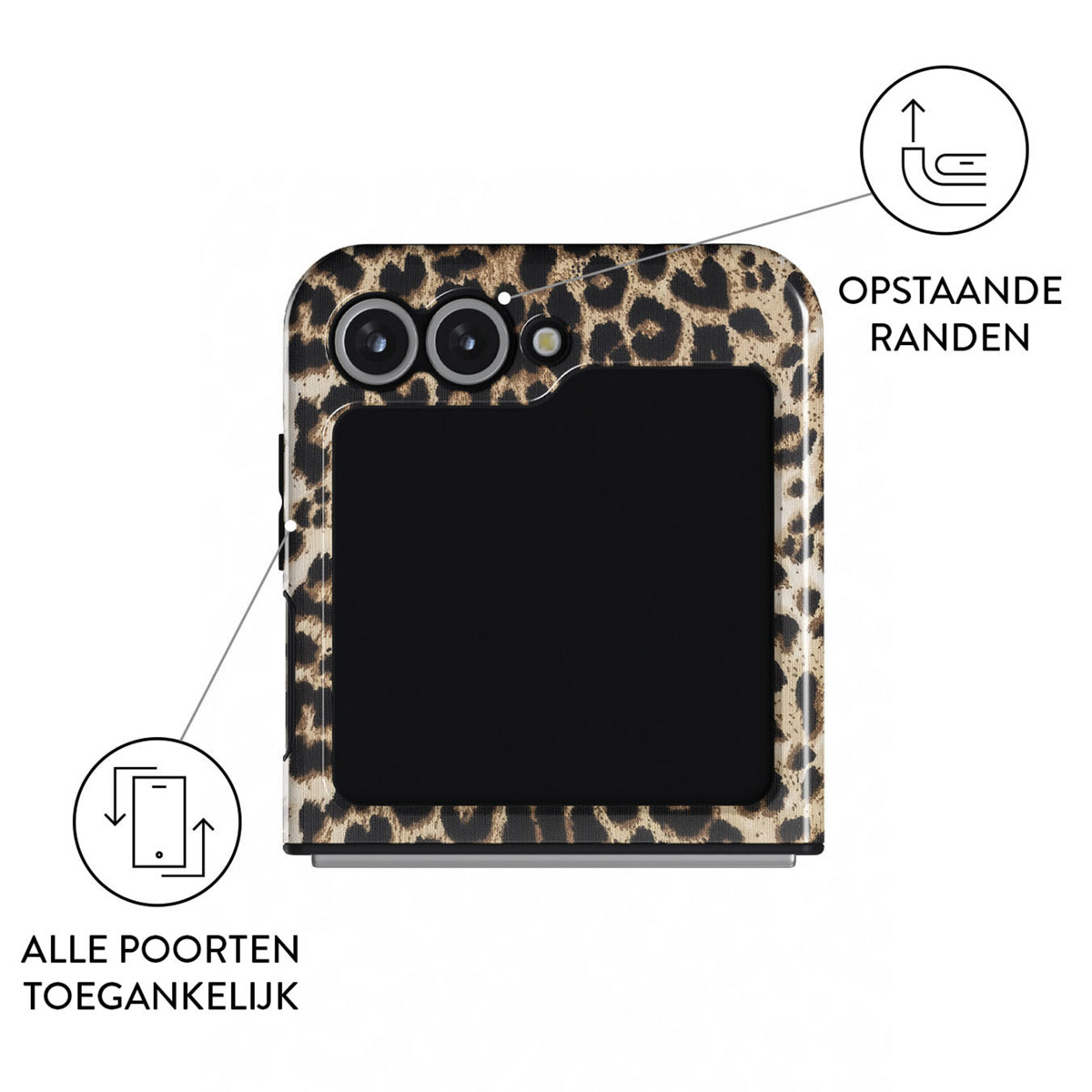 Une coque de téléphone avec un motif léopard. Écran noir, trois lentilles de caméra et texte indiquant les ports accessibles et les bords relevés.