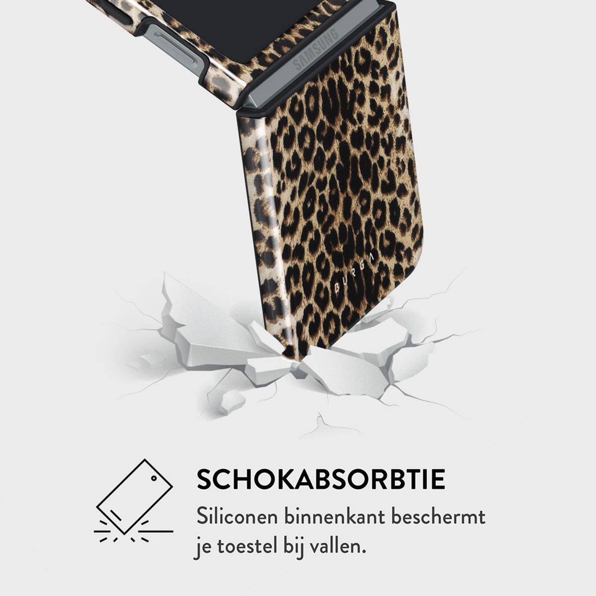 Un étui de téléphone à imprimé léopard brise une surface blanche. Le téléphone affiche un logo Samsung. Le texte dit 'Shock Absorbtie'.