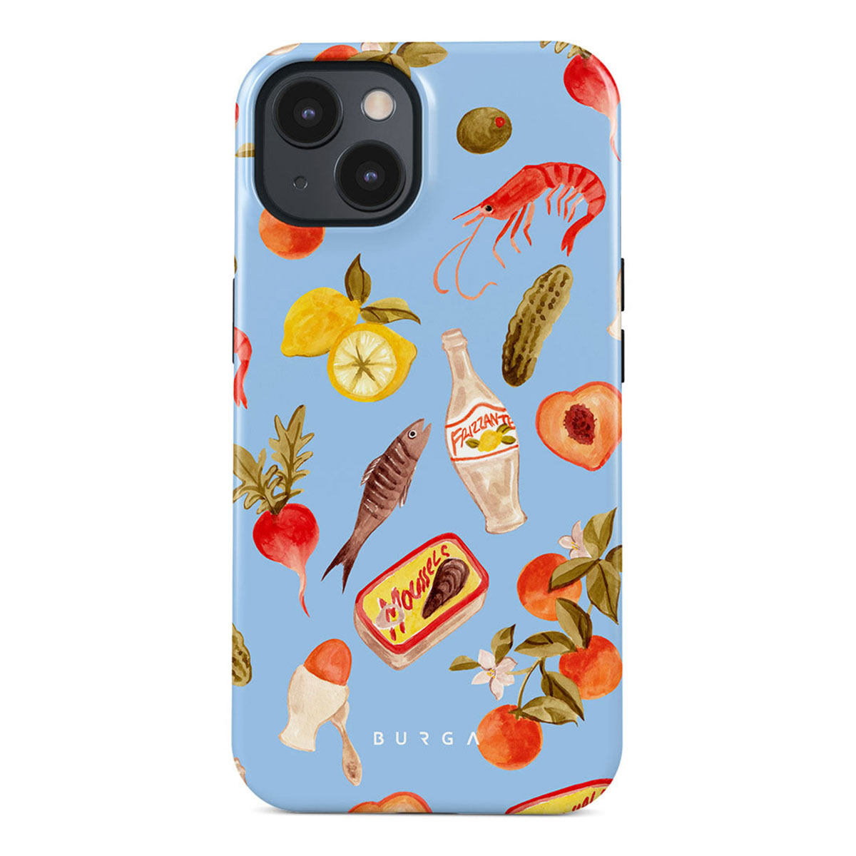 Een telefoonhoesje op een lichtblauwe achtergrond, versierd met voedselillustraties zoals garnalen, citroenen, vis, perziken en een fles.