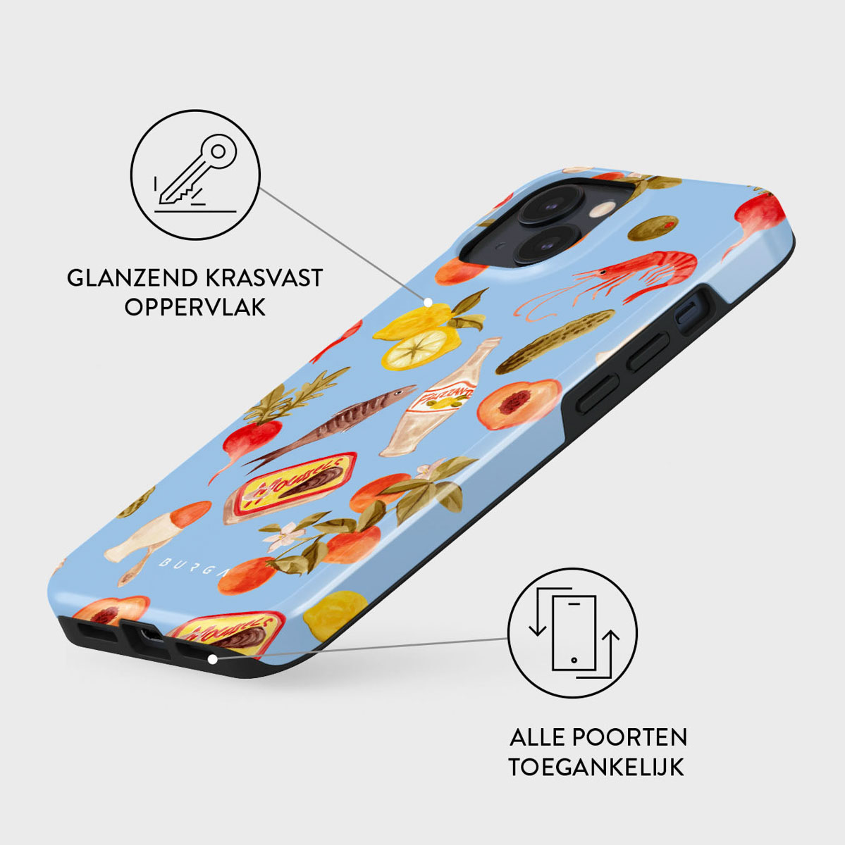 Een lichtblauwe telefoonhoes met voedselillustraties. Perziken, citroenen, garnalen en sardines zijn verspreid over het oppervlak.