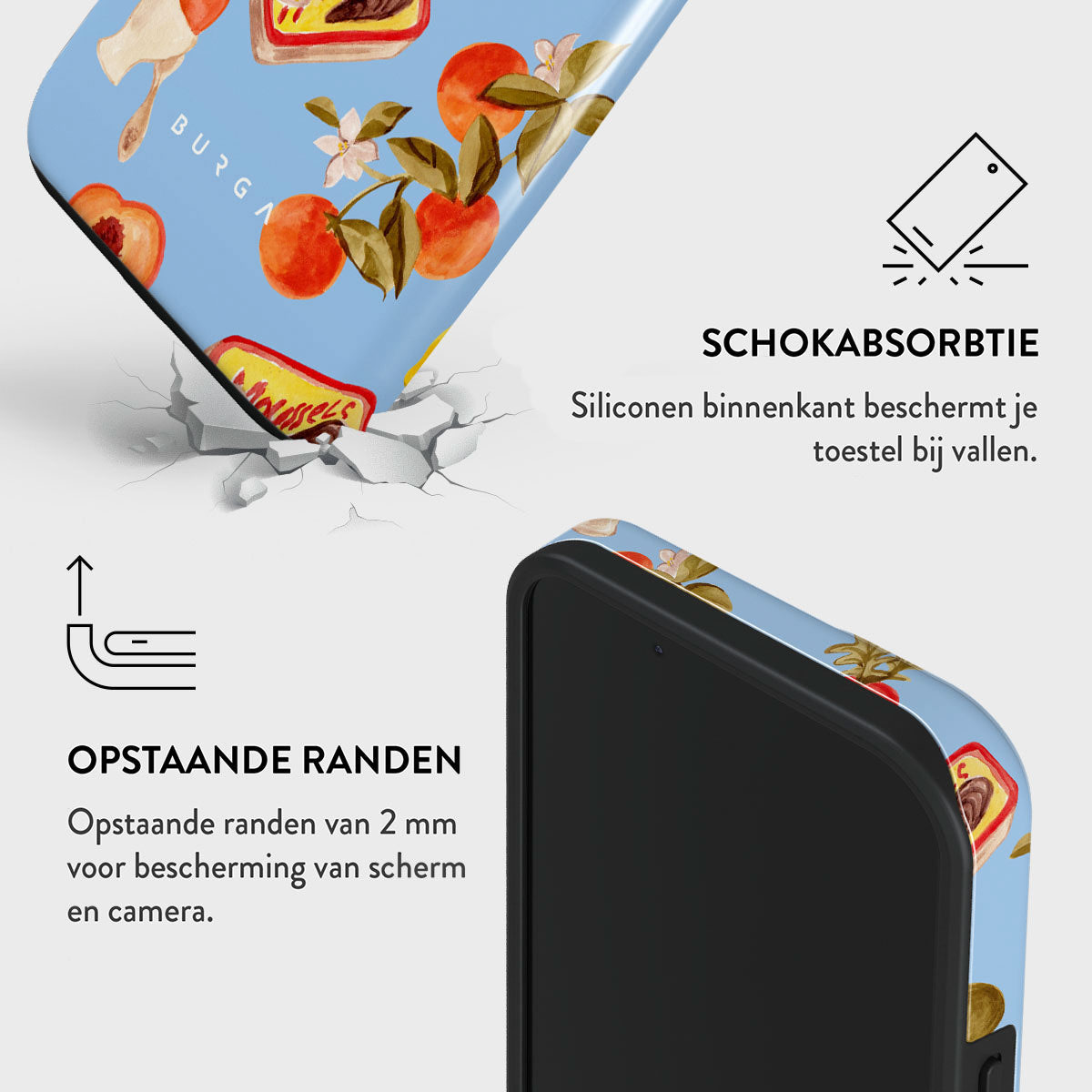 Telefoonhoesje met fruitontwerp, afgebeeld met scheuren en impact symbolen. Tekst: schokabsorptie, opstaande randen voor scherm en camera.