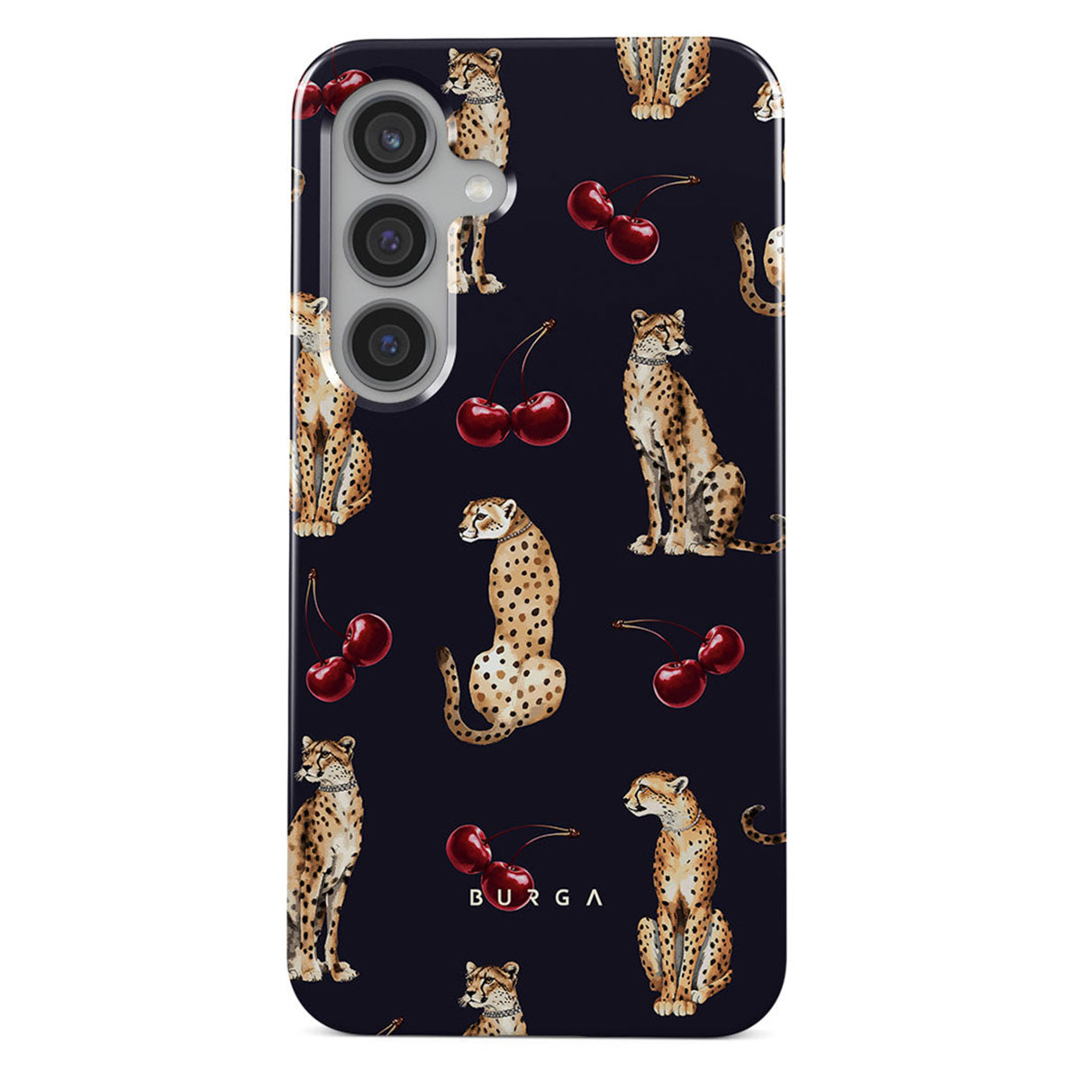 Telefoonhoesje met cheeta's en kersen op een donkerblauwe achtergrond. Cheeta's zijn bruin met zwarte vlekken. Kersen zijn rood.