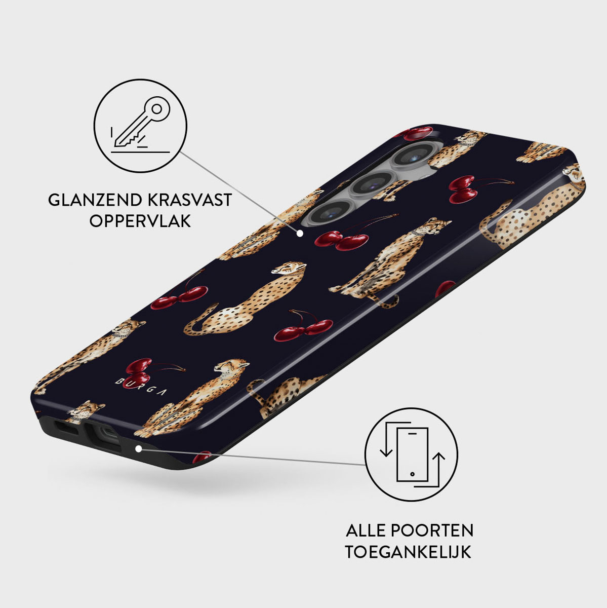 Een telefoonhoesje met een cheetah- en kersenpatroon op een donkerblauwe achtergrond. Tekstlabels zijn in het Nederlands zichtbaar.