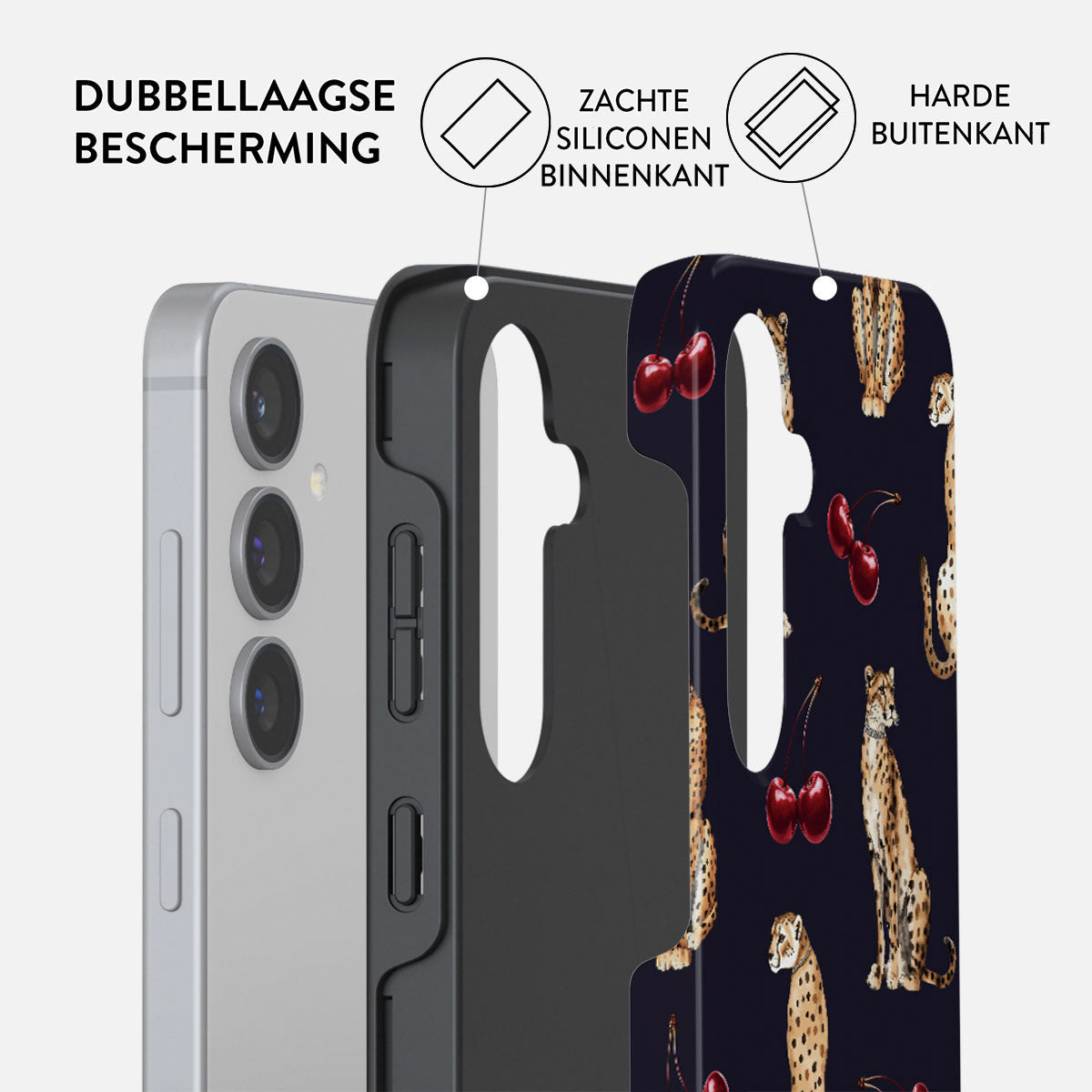 Telefoonhoesje met luipaarden en kersen ontwerp, toont beschermlagen. Teksten in het Nederlands.