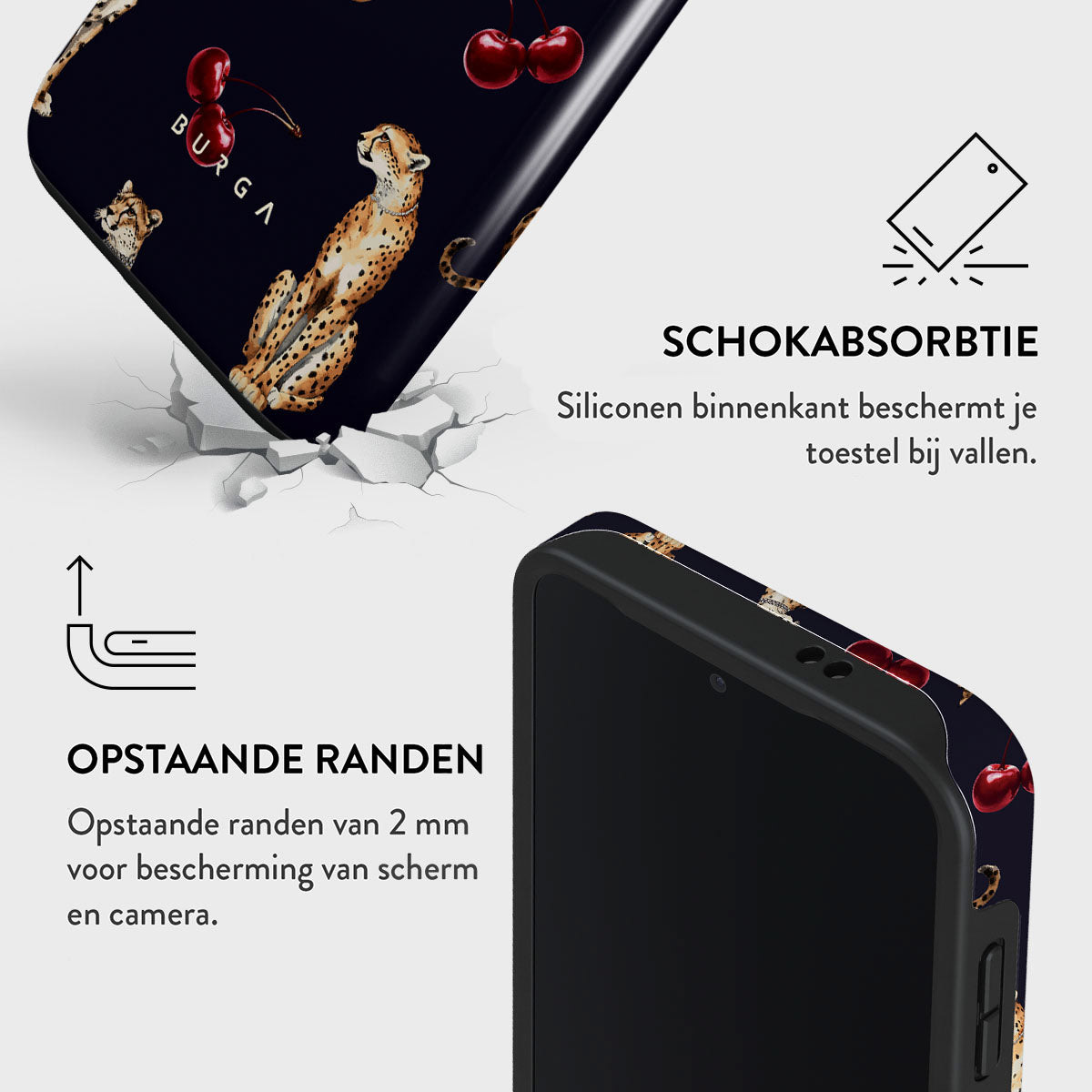 Telefoonhoesje met luipaard- en kersenpatroon. Kenmerken zijn verhoogde randen voor scherm- en camerabescherming. Tekst: 'SCHOKABSORBTIE'.
