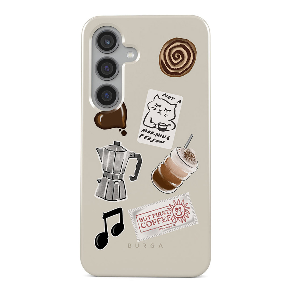Telefoonhoesje met koffie-thema stickers: espressomaker, koffiekopje, muzieknoten, kaneelrol, kat en "But First Coffee" stempel.