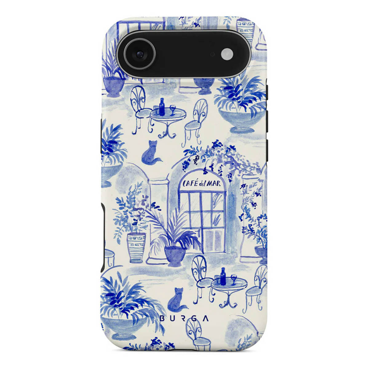 Telefoonhoesje met een blauw-witte illustratie van een caféscène. Tafels, stoelen, planten, katten en "Cafe del Mar" zijn zichtbaar.