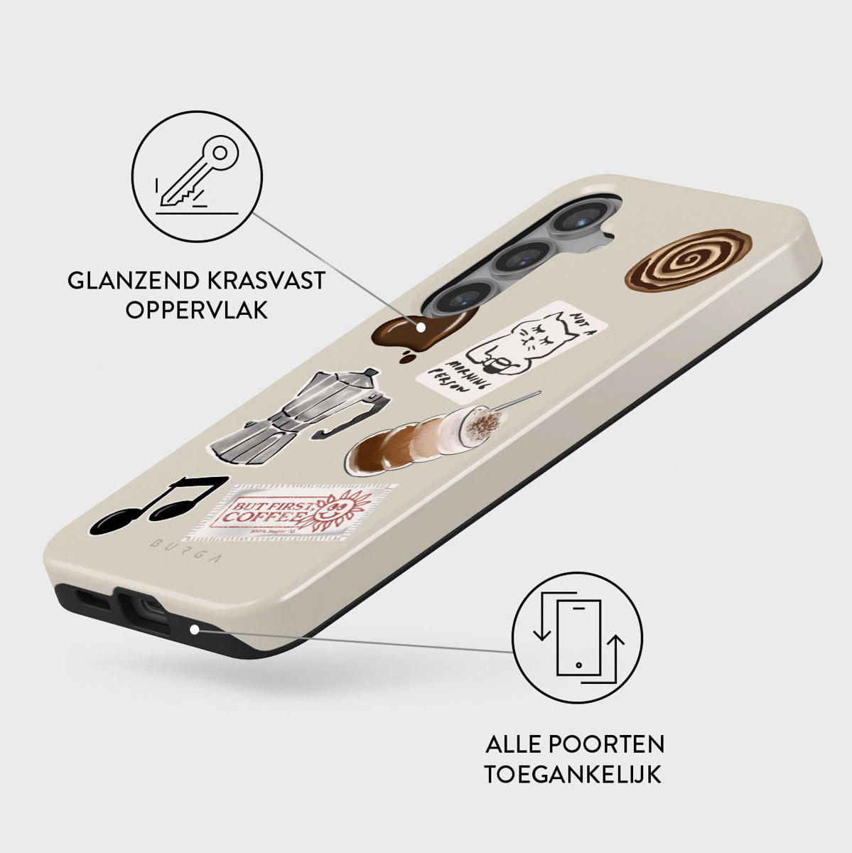 Een telefoonhoesje met stickers met koffiethema, waaronder een koffiezetapparaat, een kat en de tekst 'But first coffee'. De hoes is beige.