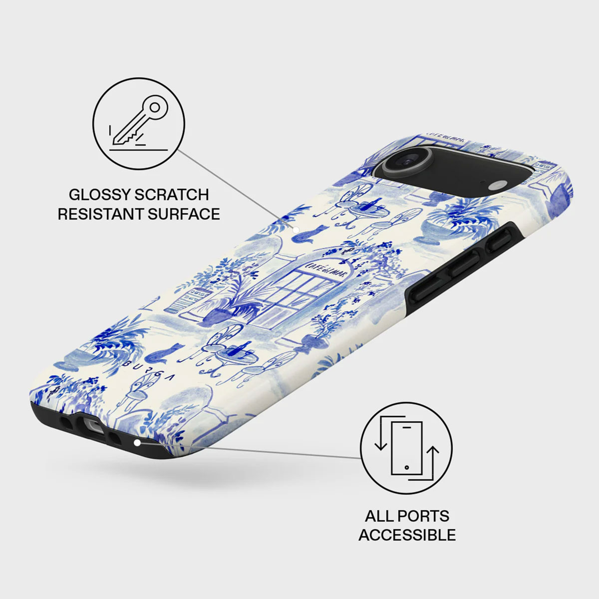 Witte telefoonhoes met blauwe illustraties van cafés. Zwarte randen. Glanzend oppervlak. Sleutel- en telefoonpoort-iconen.