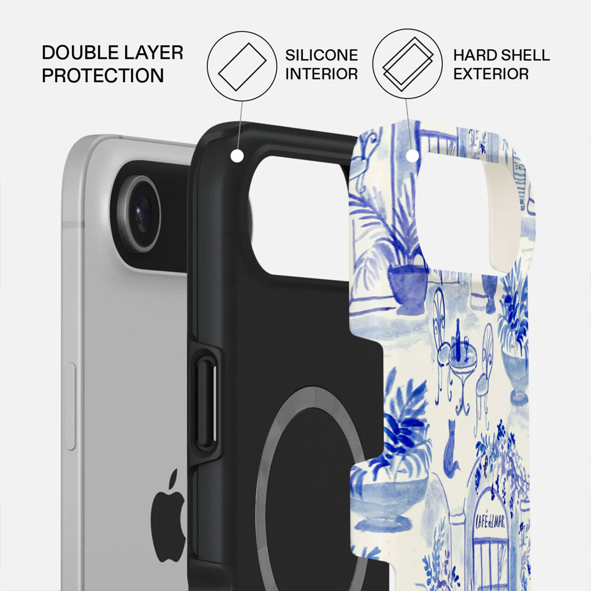 Telefoonhoesje met blauw en wit café-scène ontwerp. Het beschermt een zilveren telefoon. Tekstlabels: bescherming, binnenkant, buitenkant.