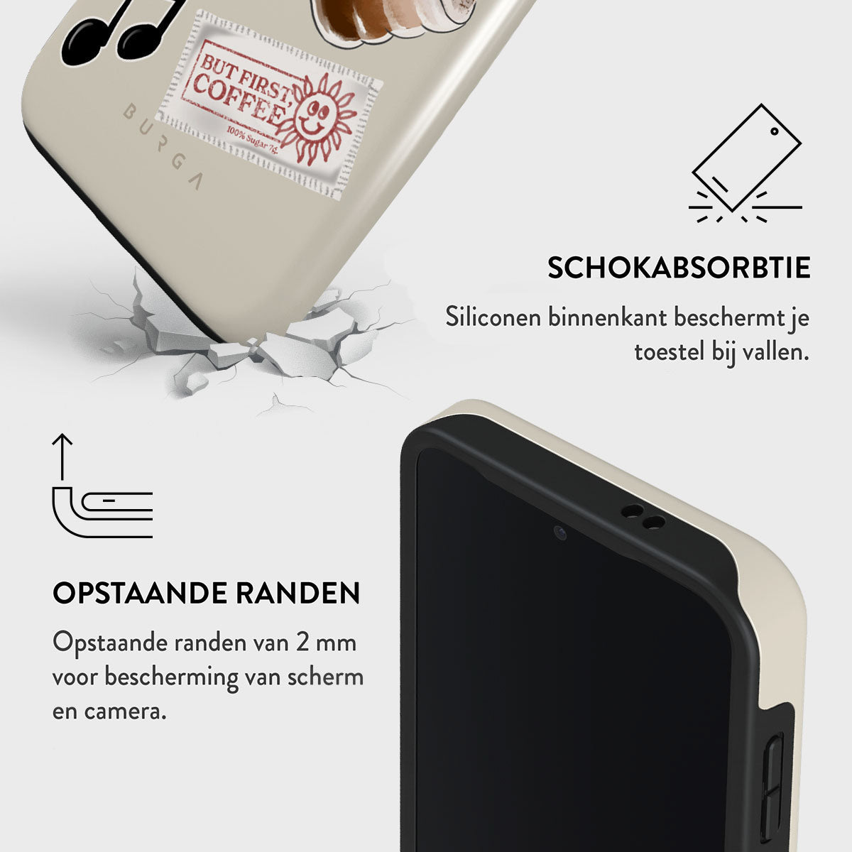 Een telefoonhoesje met koffiedesign, getoond met impactscheuren, een telefoon en diagrammen over beschermingsfuncties.
