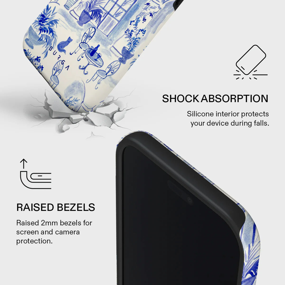 Telefoonhoesje met blauw bloemmotief, met verhoogde randen en schokabsorptie. De hoes breekt door een oppervlak.
