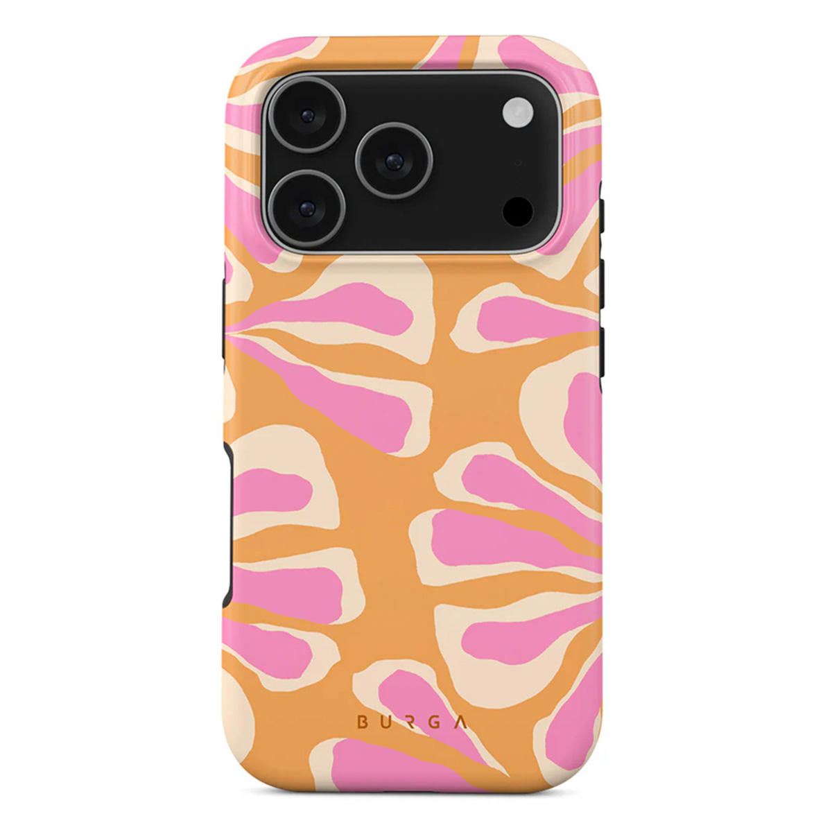 Een telefoonhoesje met een bloemenpatroon. De hoes heeft een geel-oranje achtergrond met roze en crèmekleurige bloemvormen.
