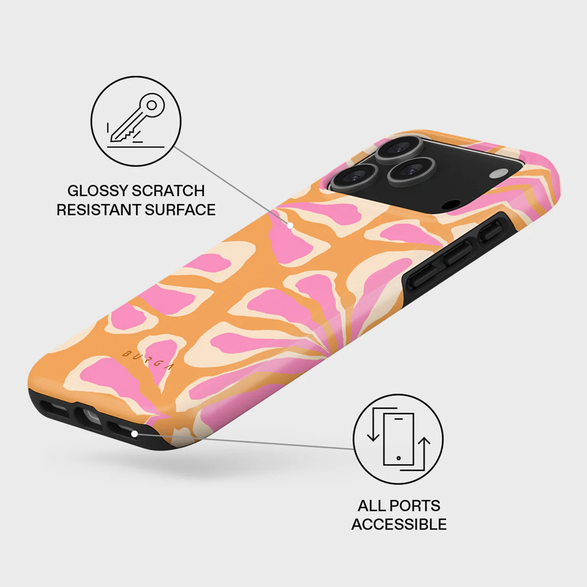 Een telefoonhoesje met een oranje en roze bloemenpatroon. De tekst beschrijft de hoes als glanzend en krasbestendig met toegankelijke poorten.