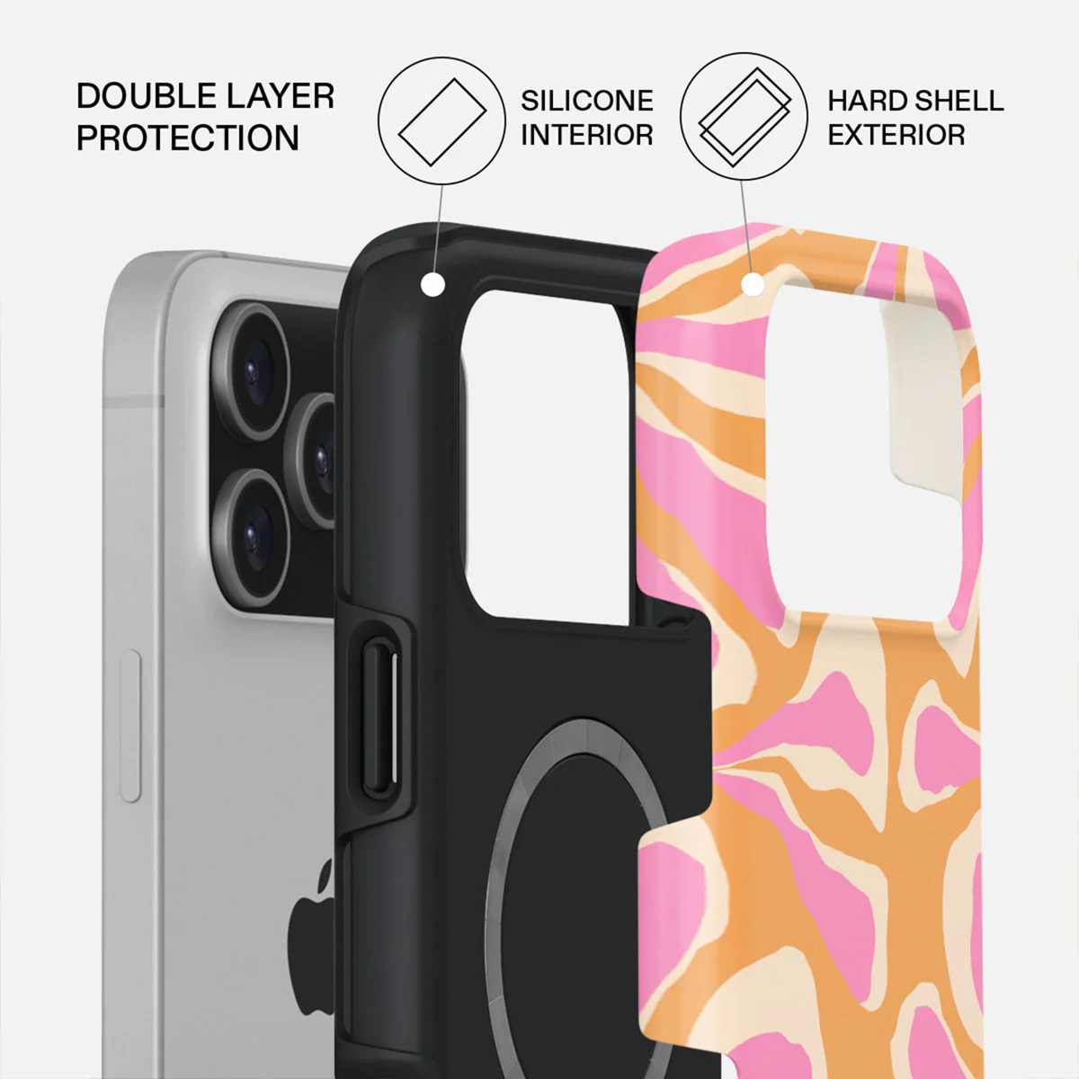Een telefoonhoesje met een dubbellaags ontwerp. Voorzien van een zwart frame, een roze en oranje patroon en een telefooncontour.