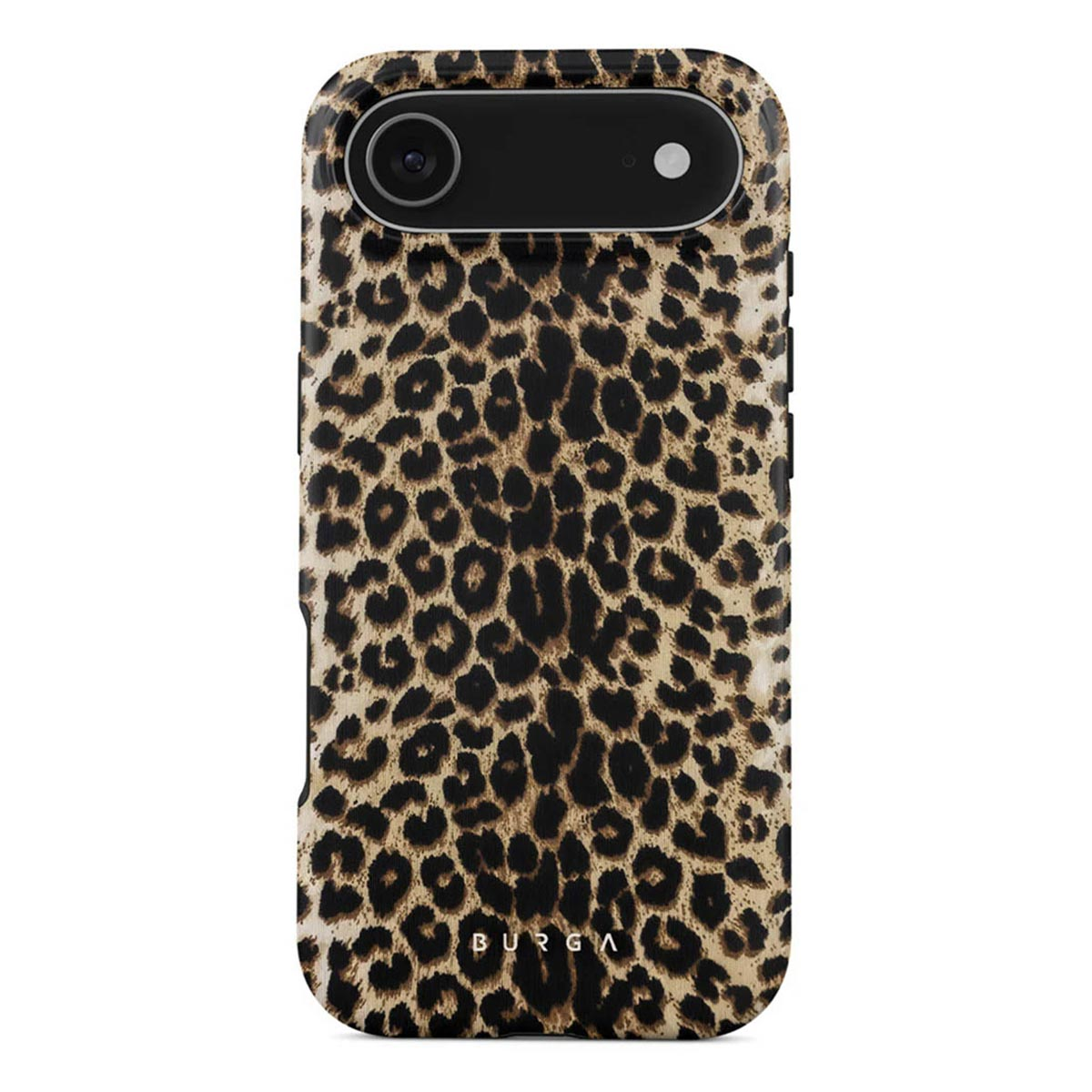 Une coque de téléphone avec un motif léopard. La coque a une découpe pour la caméra et la marque 'BURGA' est visible en bas.