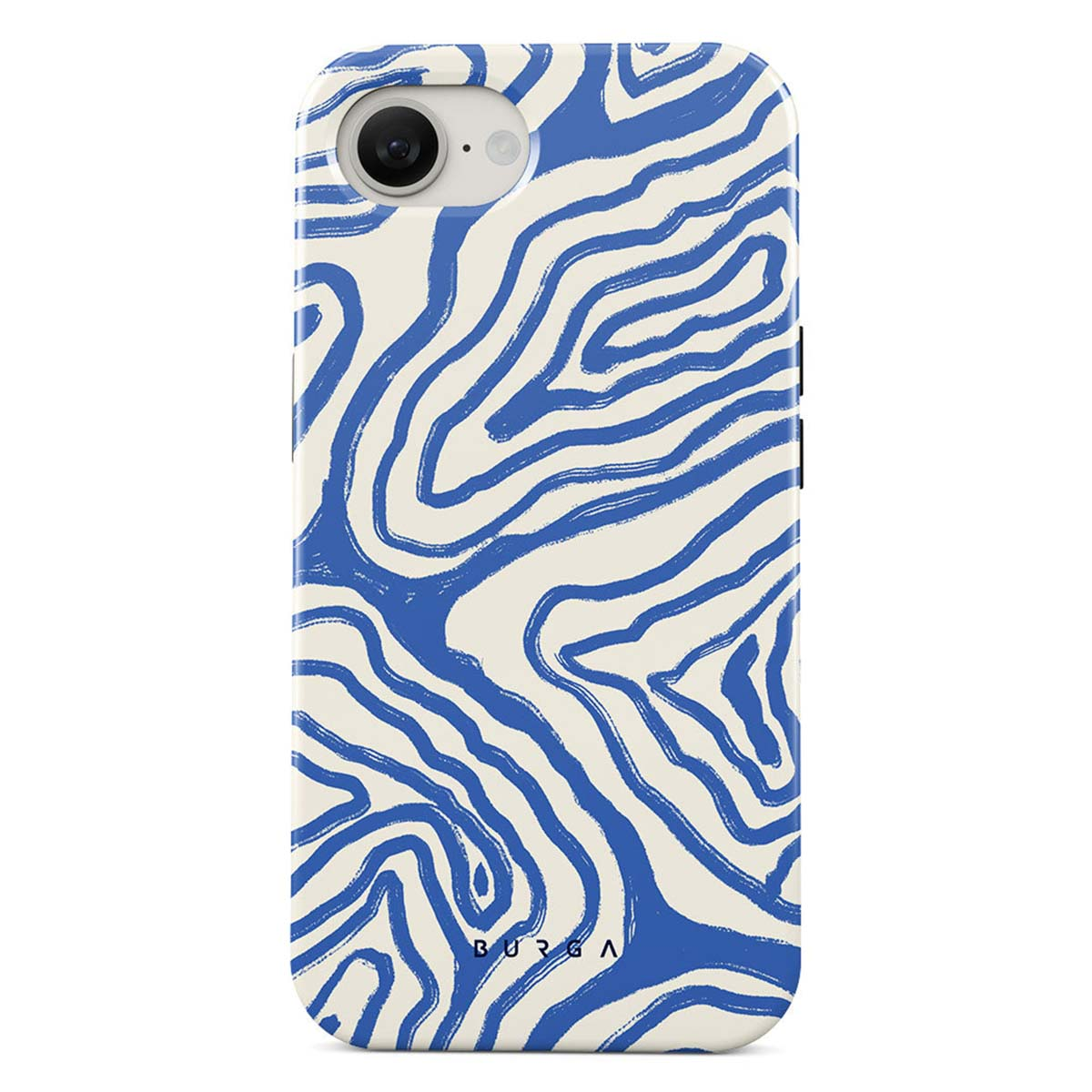 Telefoonhoesje met een blauw en wit abstract patroon, dat lijkt op zebra strepen. De hoes heeft een camera-uitsparing en het merk 'BURGA'.