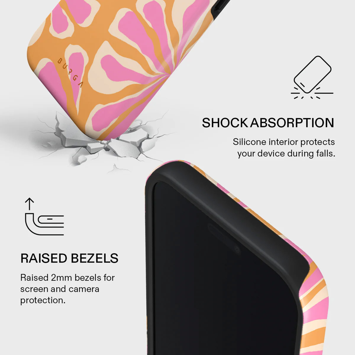 Telefoonhoesdetail. Roze en oranje patroonhoes met zwarte rand. Tekst: schokabsorptie, verhoogde randen, bescherming.