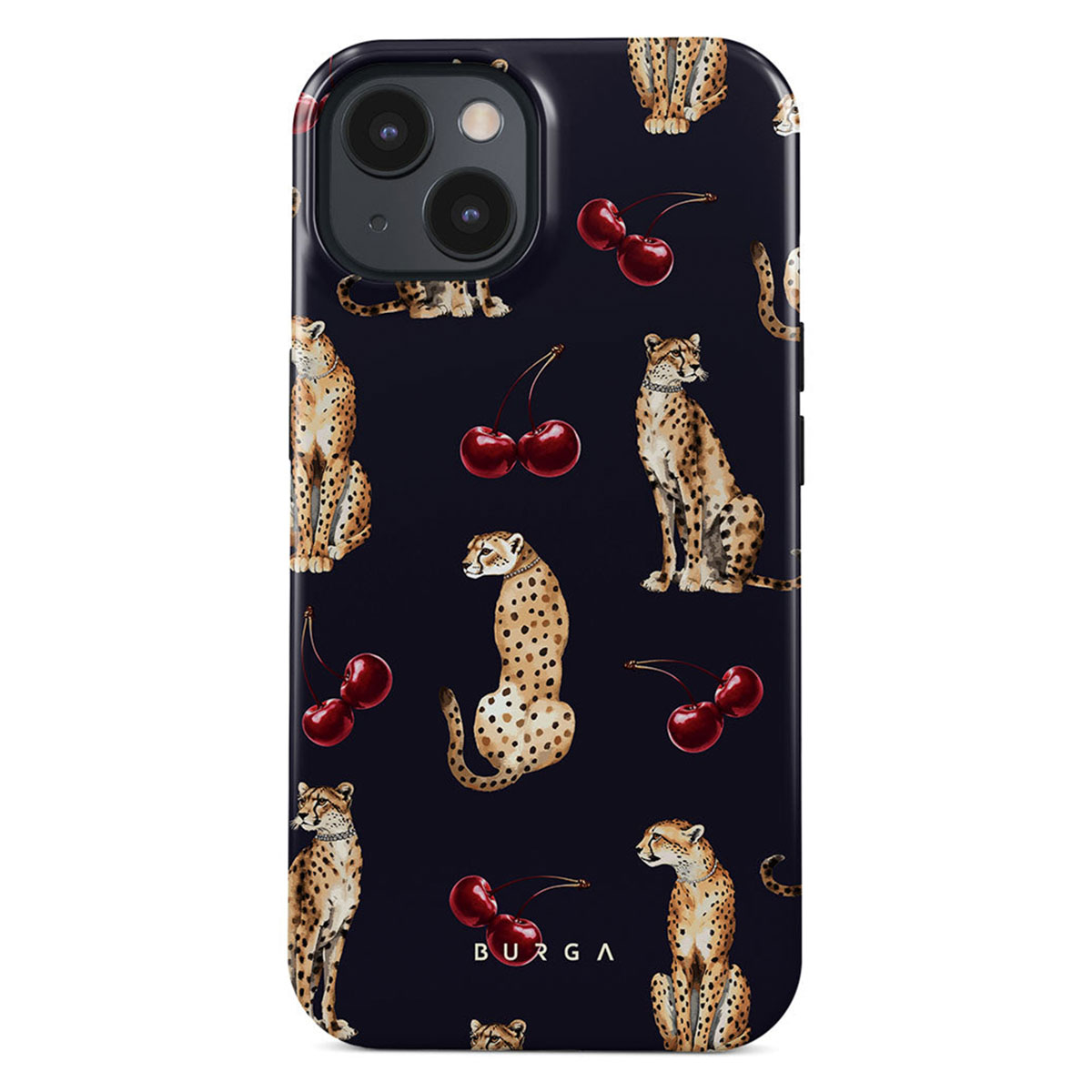 Een telefoonhoesje met een donkere achtergrond met cheeta's en kersen. Cheeta's zijn gevlekt, kersen zijn rood. De merknaam is BURGA.