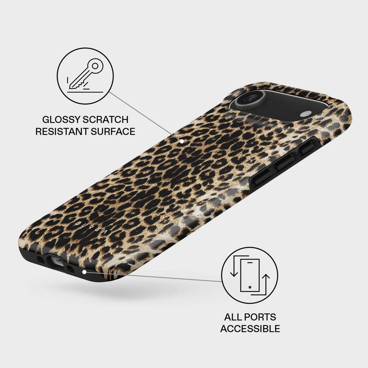 Une coque de téléphone avec un motif léopard. La coque est brillante et possède des ports accessibles. Le texte dit 'surface résistante aux rayures'.