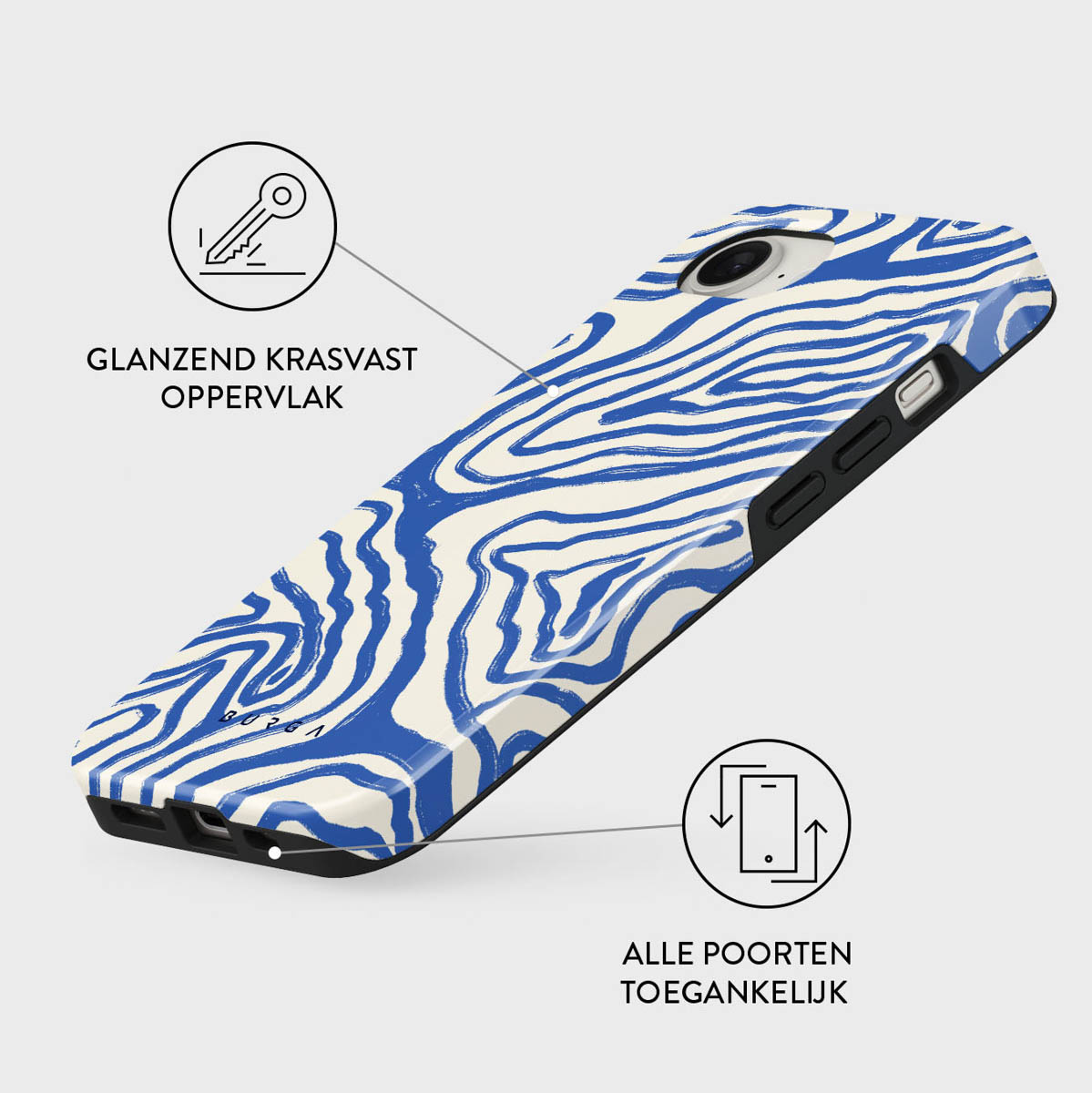 Een telefoonhoesje met een blauw en wit zebrapatroon wordt getoond. Nederlandse teksten beschrijven eigenschappen als glanzend en krasbestendig oppervlak.