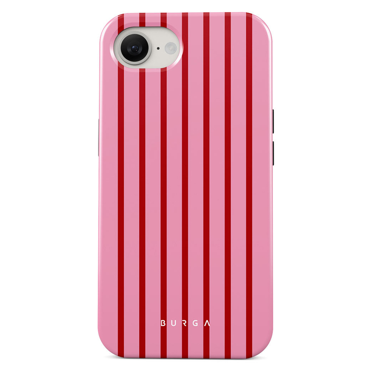 Coque de téléphone rose à rayures rouges verticales. La coque a un appareil photo et des boutons latéraux. La marque 'BURGA' en bas.
