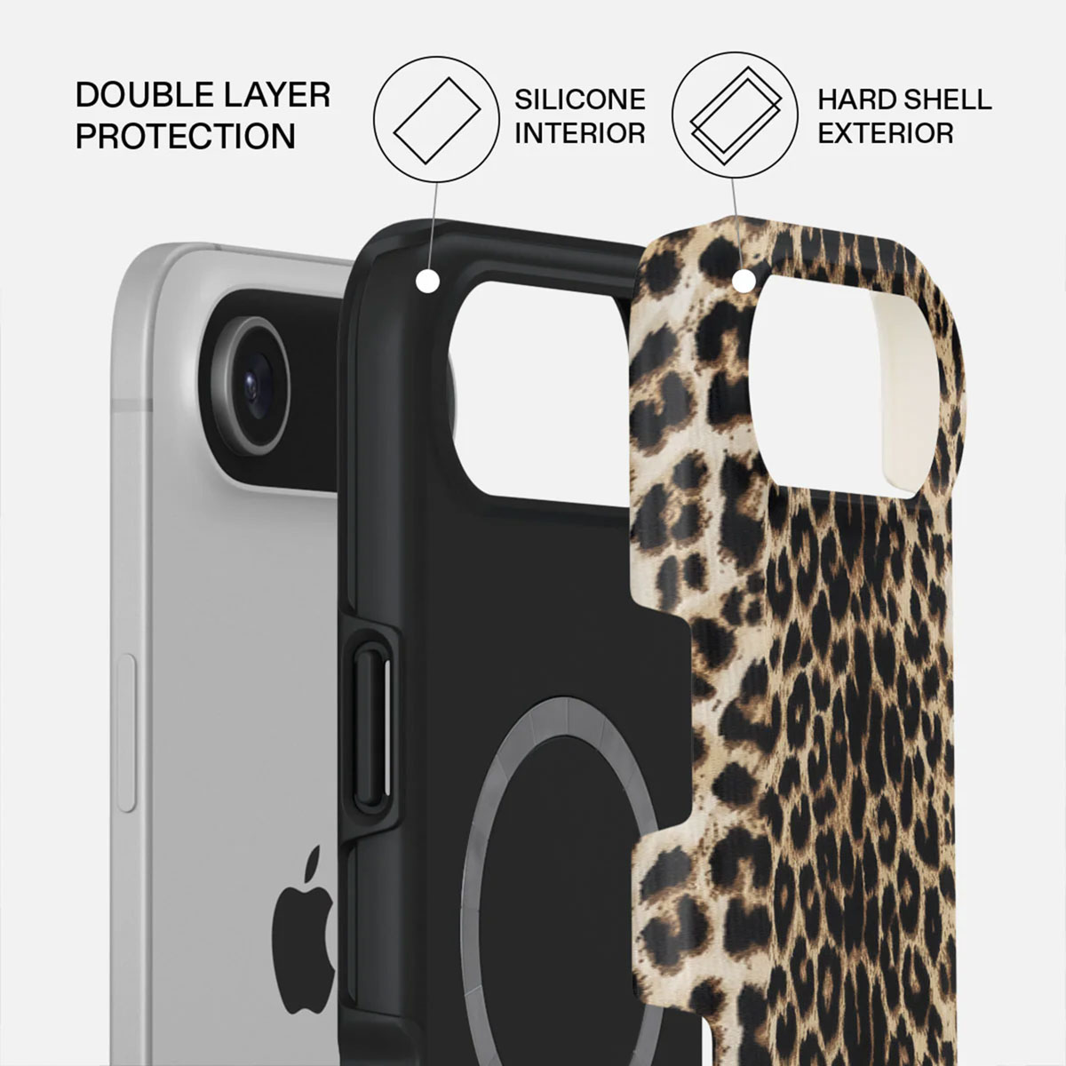 Gros plan d'un téléphone avec une coque de protection. La coque a un motif léopard, un intérieur noir et un téléphone argenté.