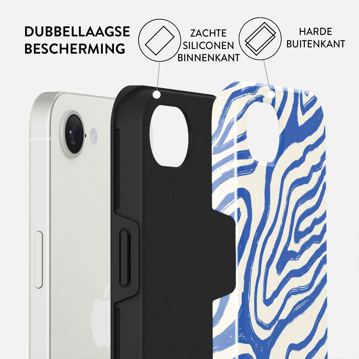 Telefoonhoesje met een blauw-wit golfpatroon. Het heeft een dubbellaags ontwerp met een zachte siliconen binnenlaag en een harde buitenlaag.