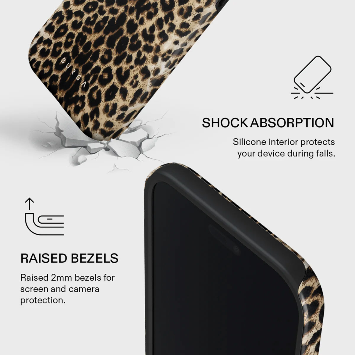 Une coque iPhone à imprimé léopard. Comprend des bords surélevés et une absorption des chocs pour protéger l'appareil.