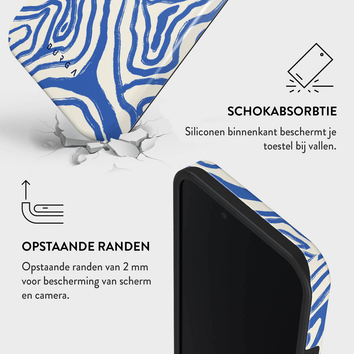 Een telefoonhoesje met blauw-witte zebra strepen. Tekst bevat 'schokabsorptie' en 'verhoogde randen' voor bescherming.