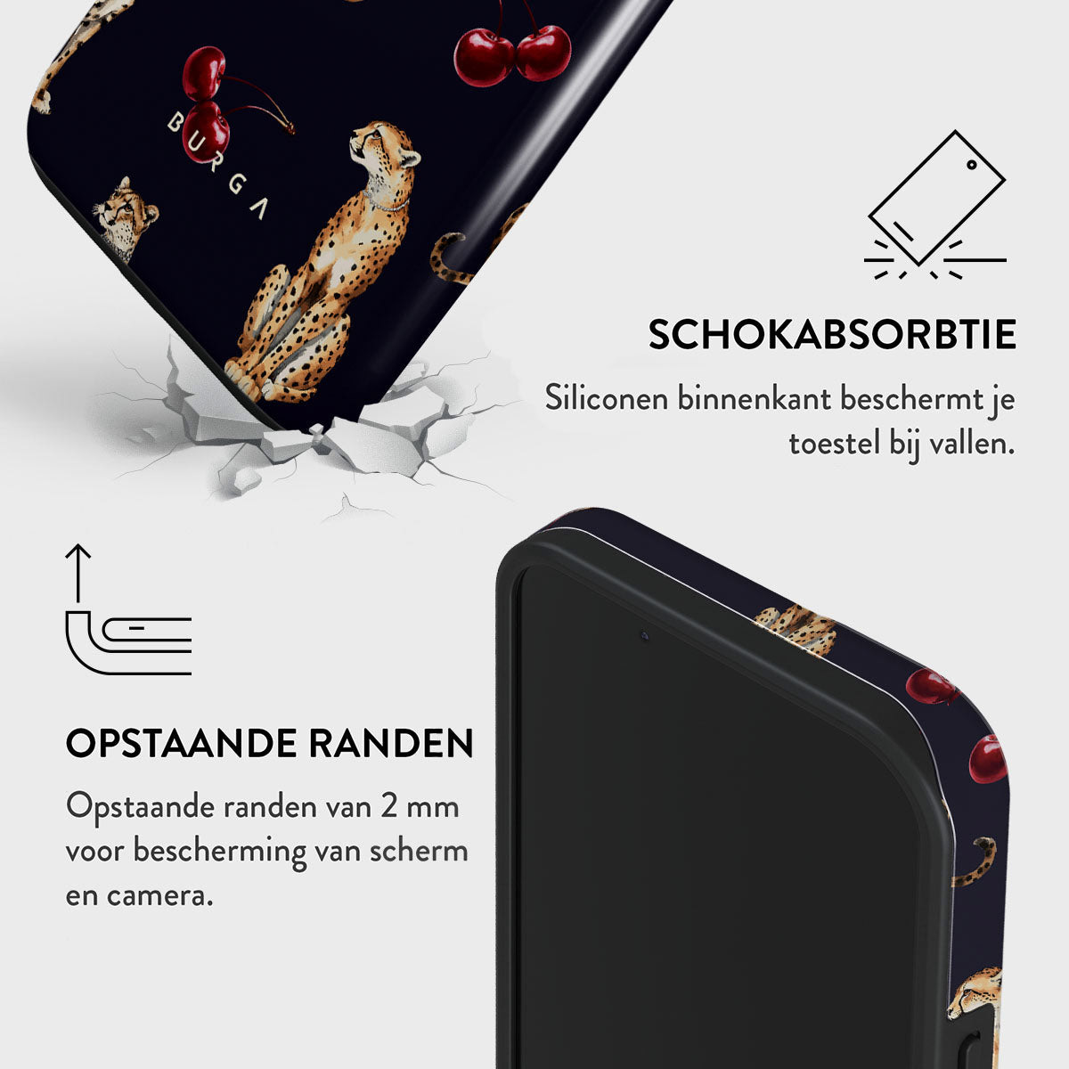Een telefoonhoesje met een cheetah- en kersendesign wordt getoond. Tekst beschrijft schokabsorptie en verhoogde randen voor scherm- en camerabescherming.