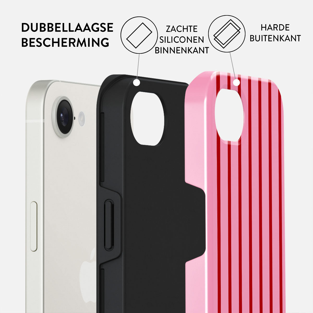 L'image montre un téléphone et des étuis. Téléphone blanc, étuis noirs et roses. Le texte indique une protection double couche, silicone souple à l'intérieur, dur à l'extérieur.