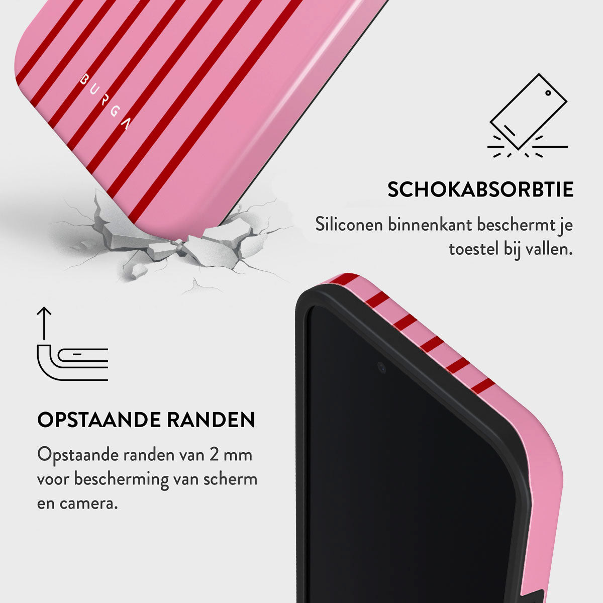 Coque de téléphone rose à rayures rouges. Texte mentionne l'absorption des chocs et les bords surélevés pour l'écran et la caméra.