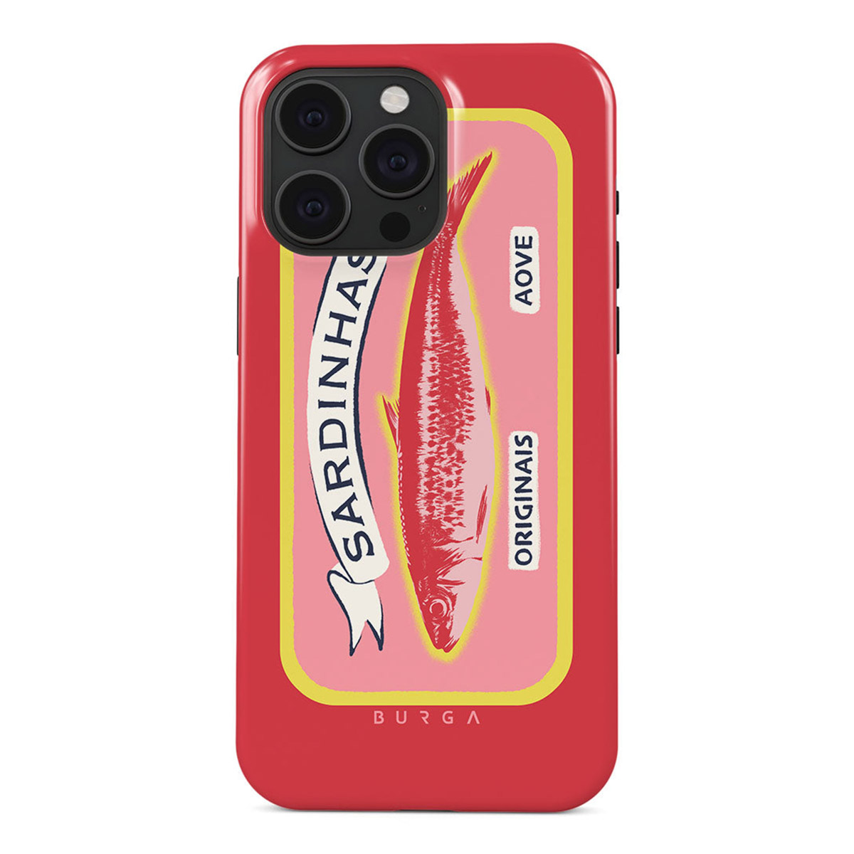Une coque de téléphone rouge avec un design de boîte de sardines. Le design présente un poisson rouge, un fond rose et du texte en portugais.