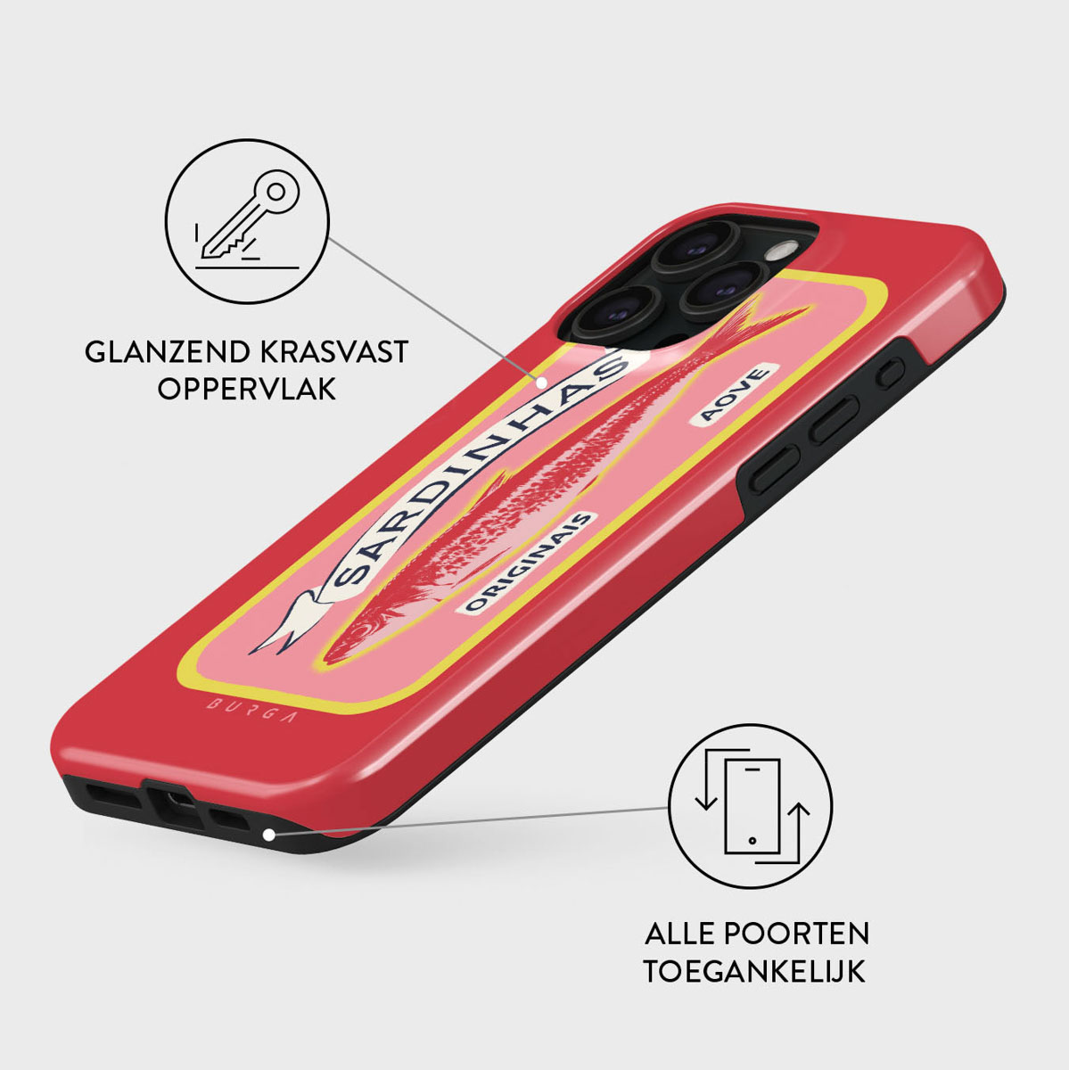 Coque de téléphone rouge avec un motif de sardines. Comprend des icônes de clé et de téléphone avec du texte néerlandais. Surface brillante et résistante aux rayures.