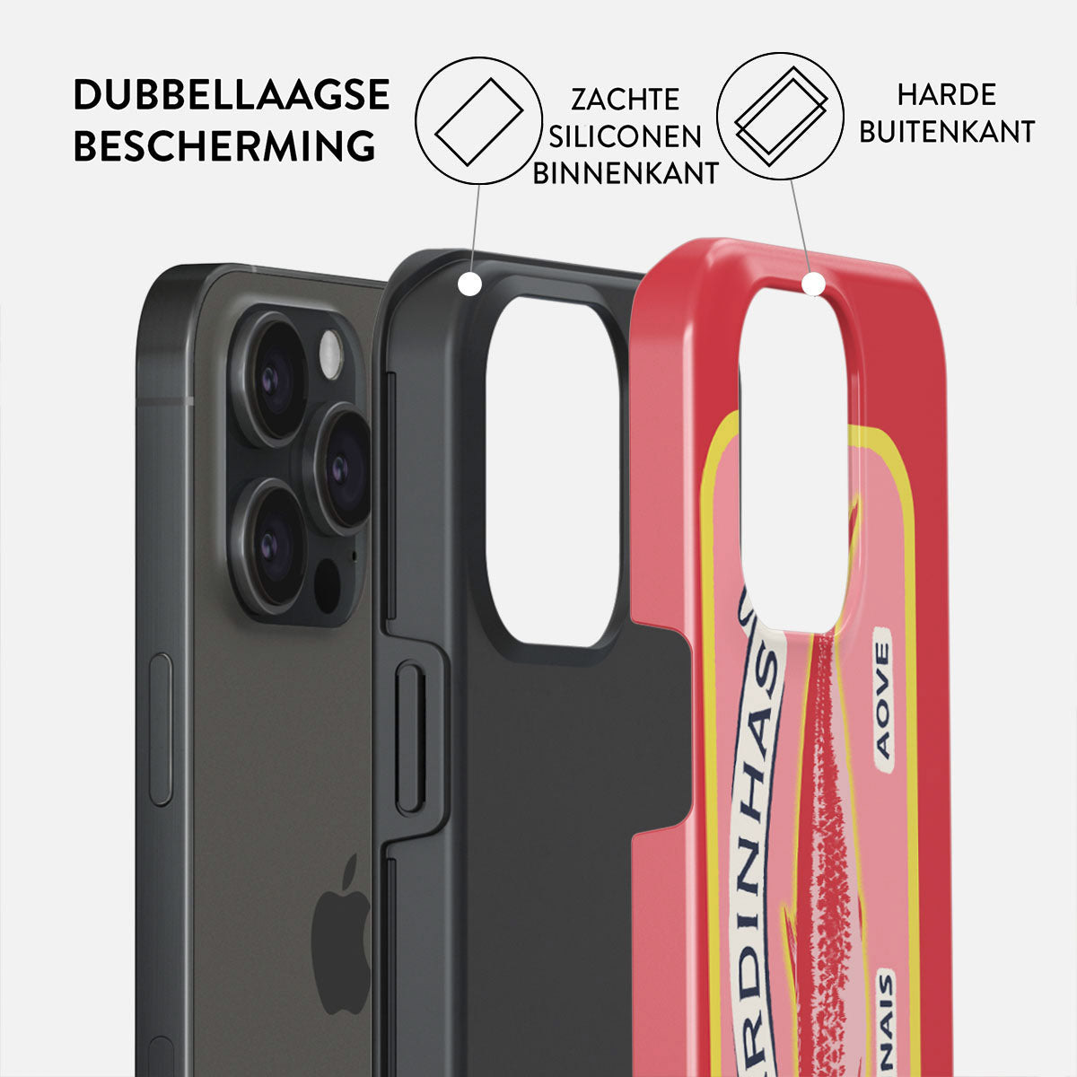 Coque de téléphone avec protection double couche. Silicone souple à l'intérieur et coque extérieure dure. Texte en néerlandais.