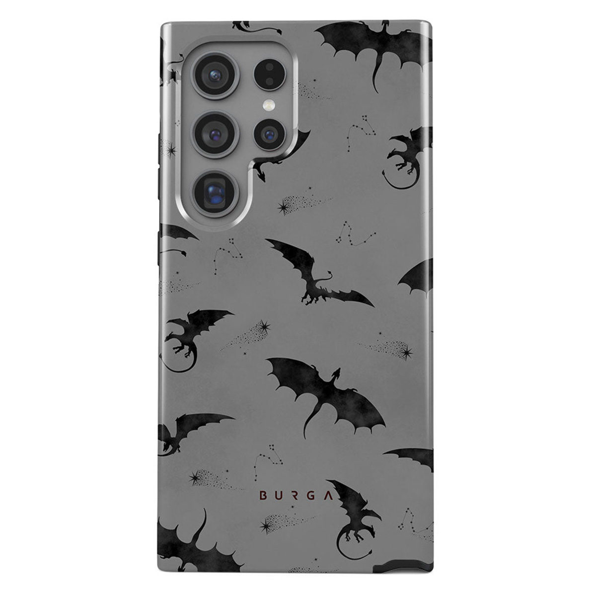 Une coque de téléphone avec un fond gris, des silhouettes de dragons noirs, des constellations et la marque 'BURGA'.