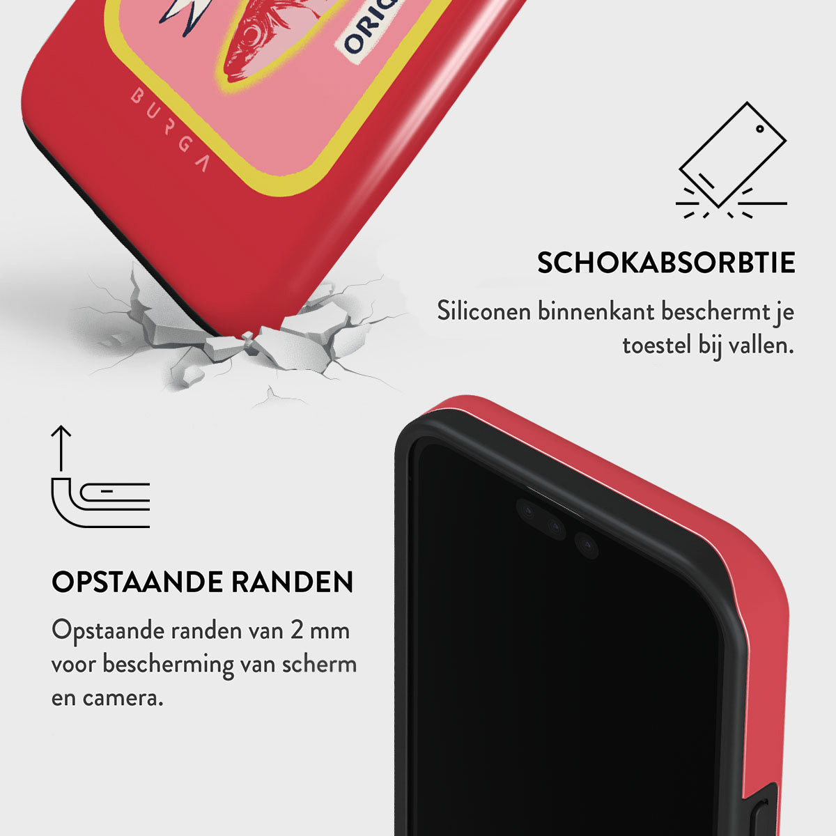 L'image montre une coque de téléphone rouge avec un motif de poisson, des caractéristiques de protection et un téléphone. La coque fissure une surface.